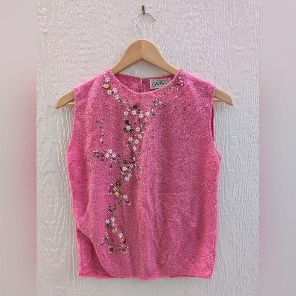 Vintage Antron DuPont Nylon Pink Beaded Sleeveless Tank Top Size Small/Medium - Picture 1 of 5